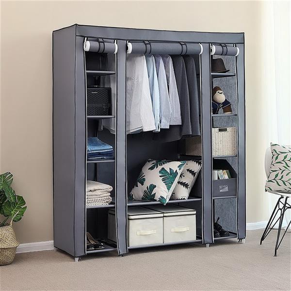 69" Portable Clothes Closet Wardrobe Storage Organizer with Non-Woven Fabric Quick and Easy to Assemble Extra Strong and Durable Gray - GrandNonStop
