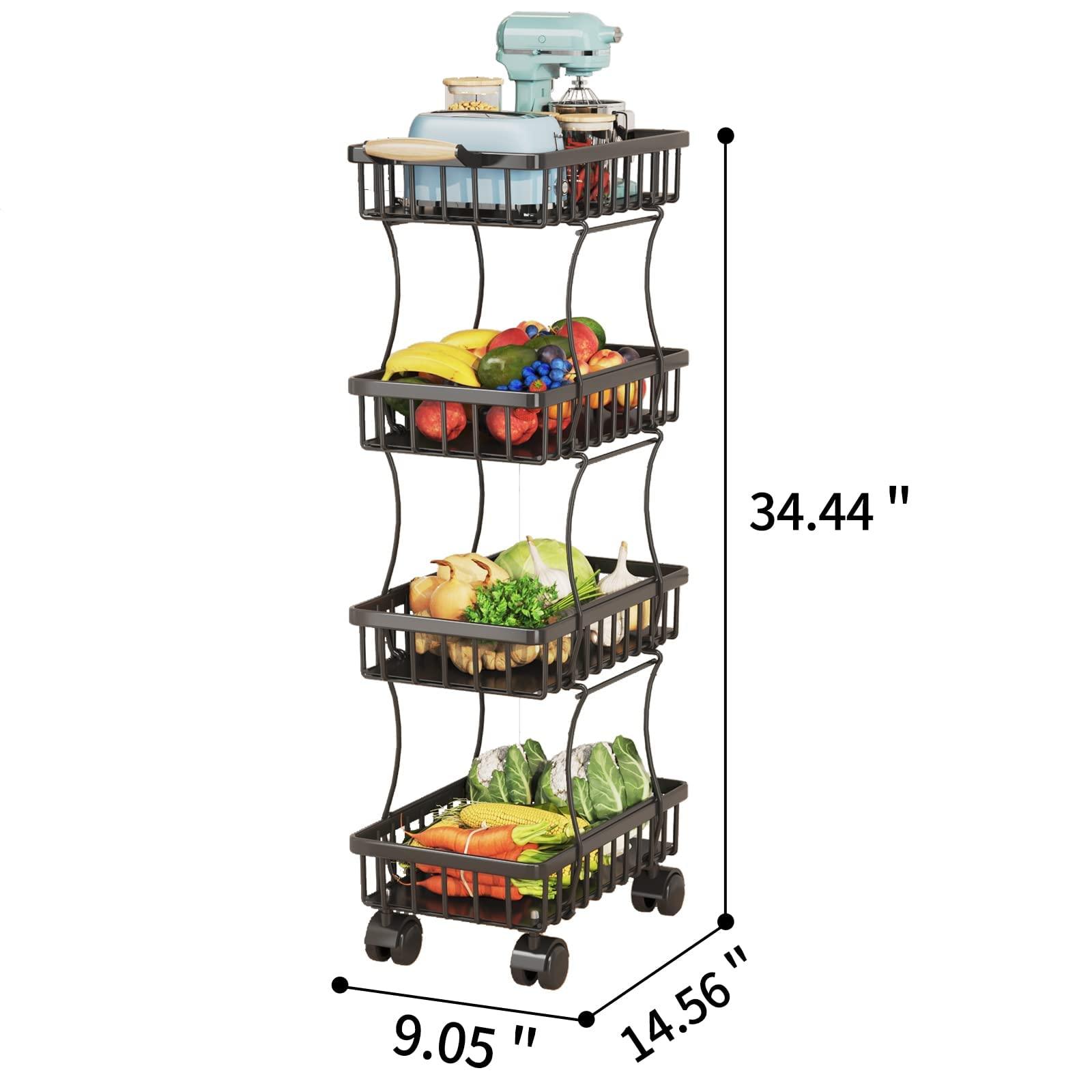 4 Tier Fruit Vegetable Basket for Kitchen, Storage Cart, Vegetable Basket Bins, Wire Storage Organizer Utility Cart with Wheels, Medium, Black - GrandNonStop