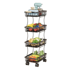 4 Tier Fruit Vegetable Basket for Kitchen, Storage Cart, Vegetable Basket Bins, Wire Storage Organizer Utility Cart with Wheels, Medium, Black - GrandNonStop