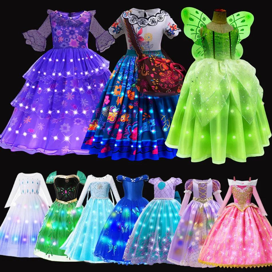 Evening Party Girls LED Lights Frozen Elsa Anna Princess Ariel Dress Coslplay Encanto Mirabel Halloween Luminous Prom Gowns - GrandNonStop