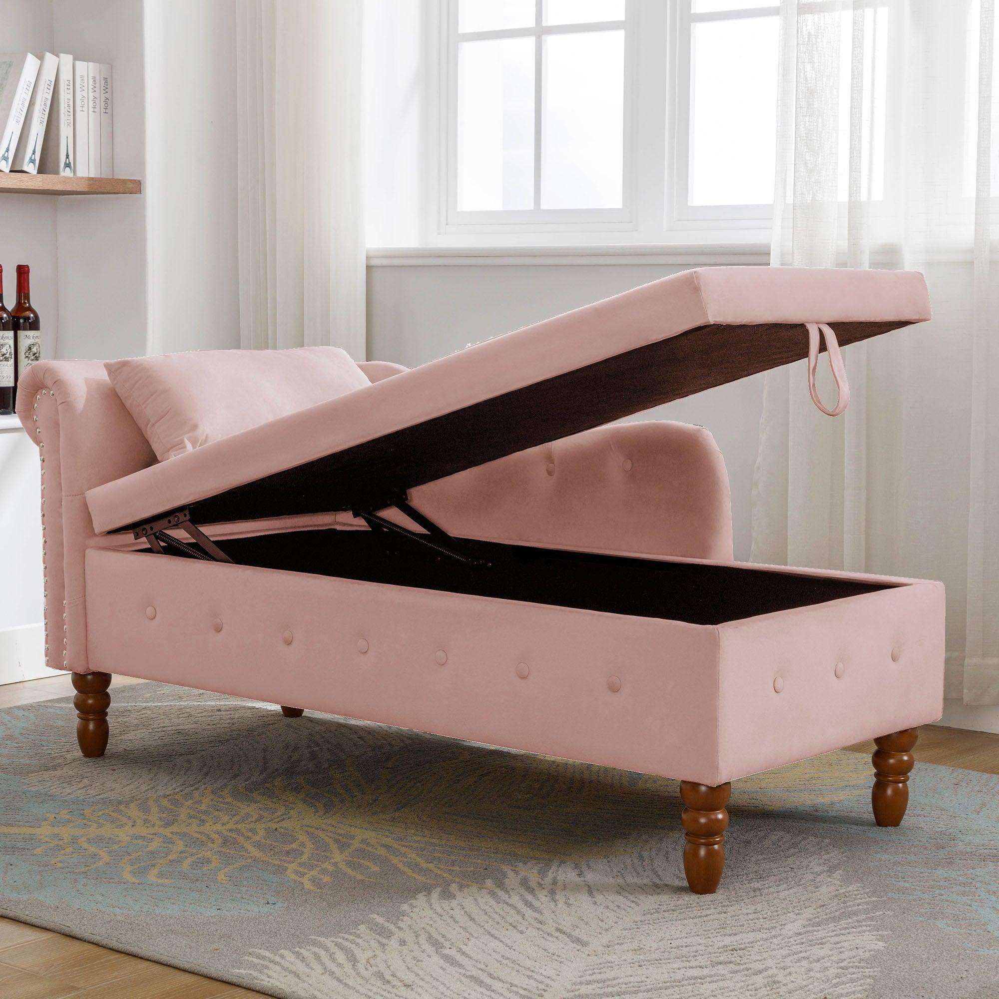 Velvet Pink Chaise Lounge Chair: Bedroom Comfort with Storage & Pillow - GrandNonStop